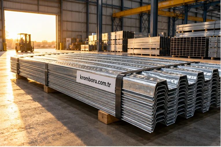 Deck (beton altı trapez) sac — büyük çelik deposunda istifli ürün fotoğrafı