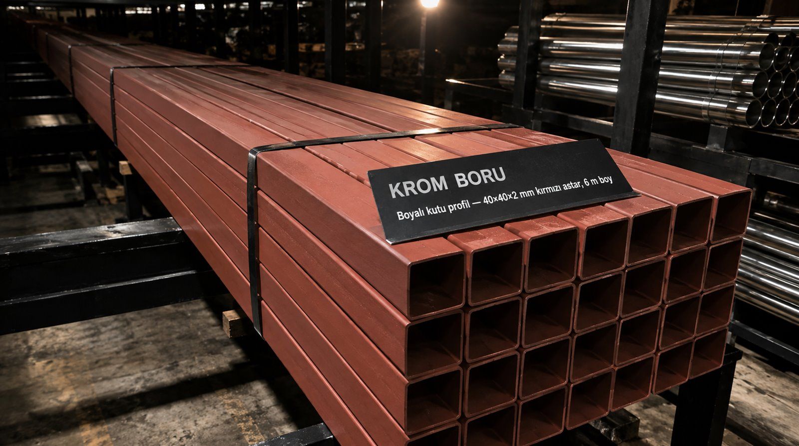 Boyalı kutu profil 40×40×2 mm kırmızı astar, 6 m boy — satış deposunda
