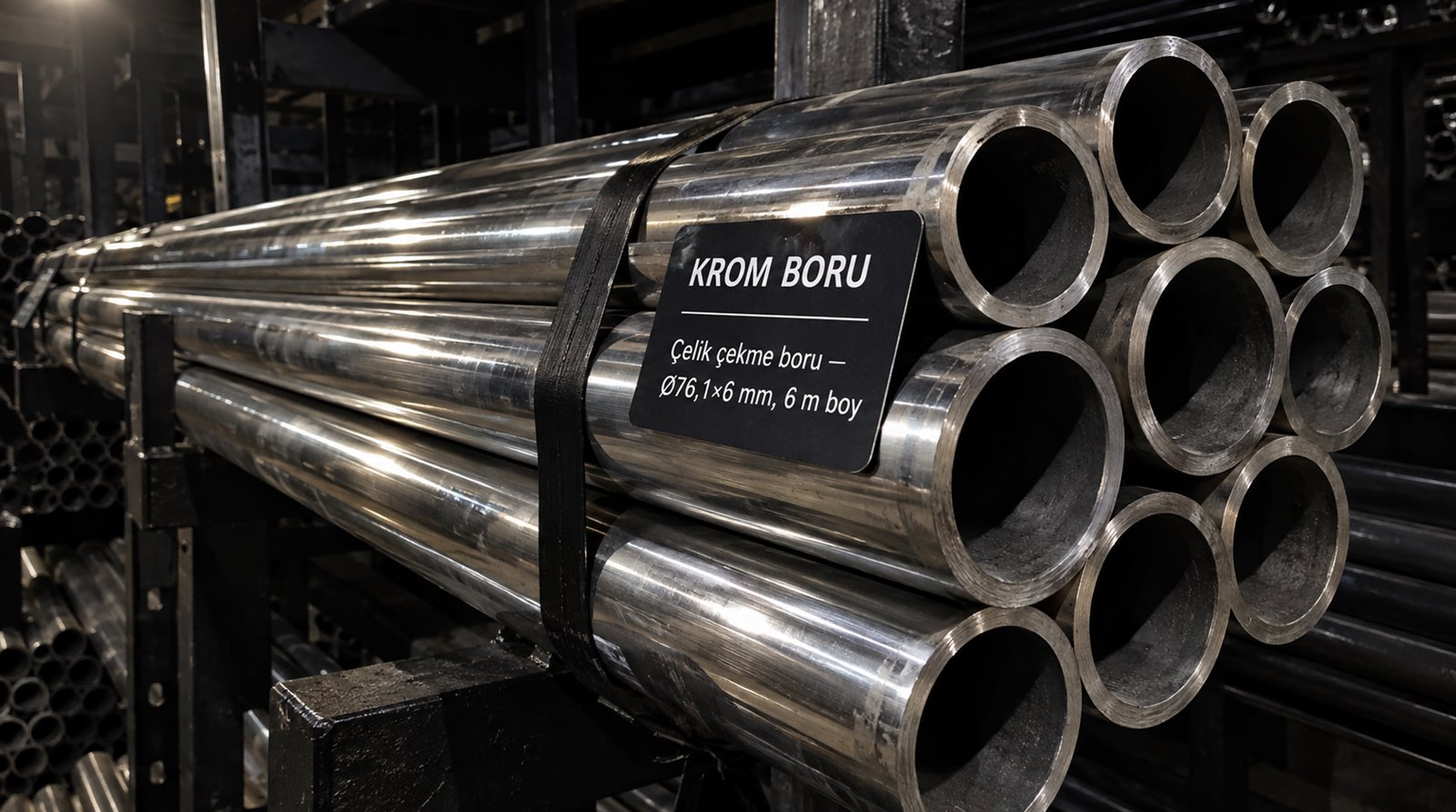 Çelik çekme boru Ø76,1×6 mm, 6 m boy — satış deposunda