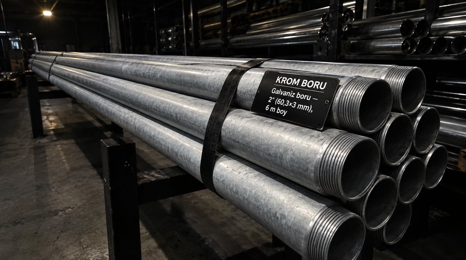 Galvaniz boru 2" (60,3×3 mm), 6 m boy — satış deposunda