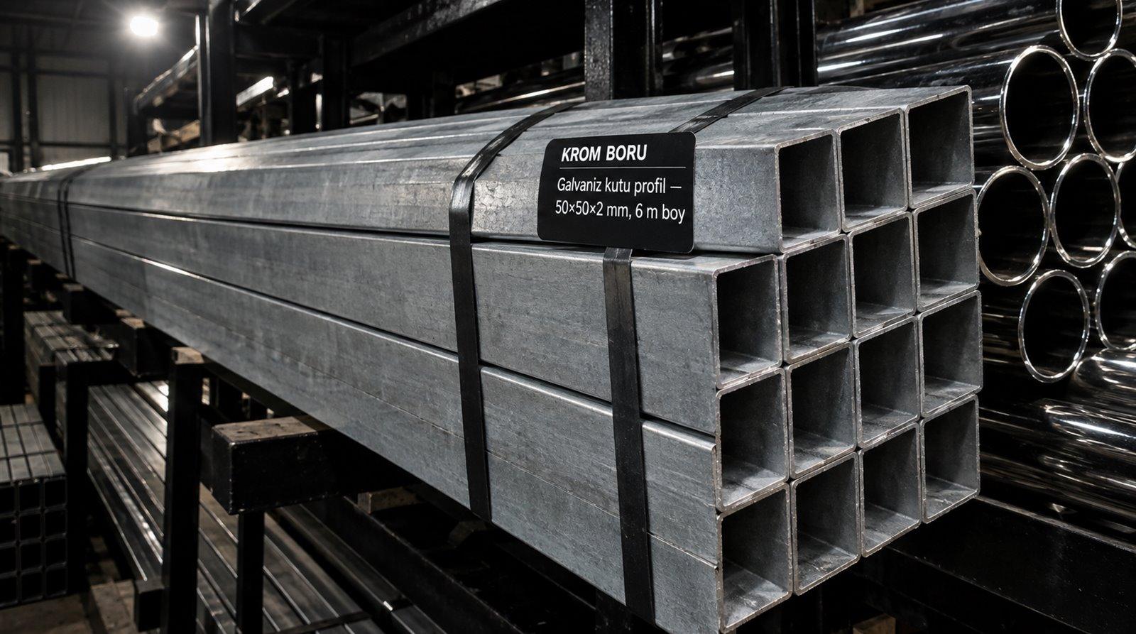 Galvaniz kutu profil 50×50×2 mm, 6 m boy — satış deposunda