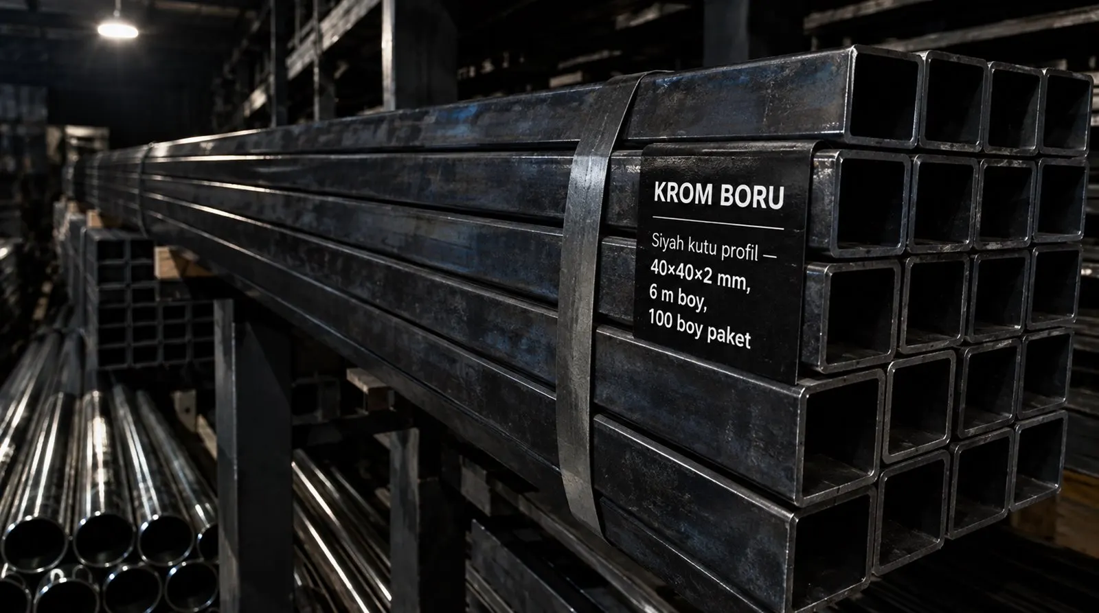 Satış deposunda istiflenmiş siyah kutu profil boyları