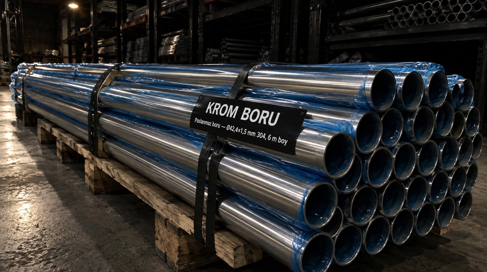 Paslanmaz boru Ø42,4×1,5 mm 304, 6 m boy — satış deposunda