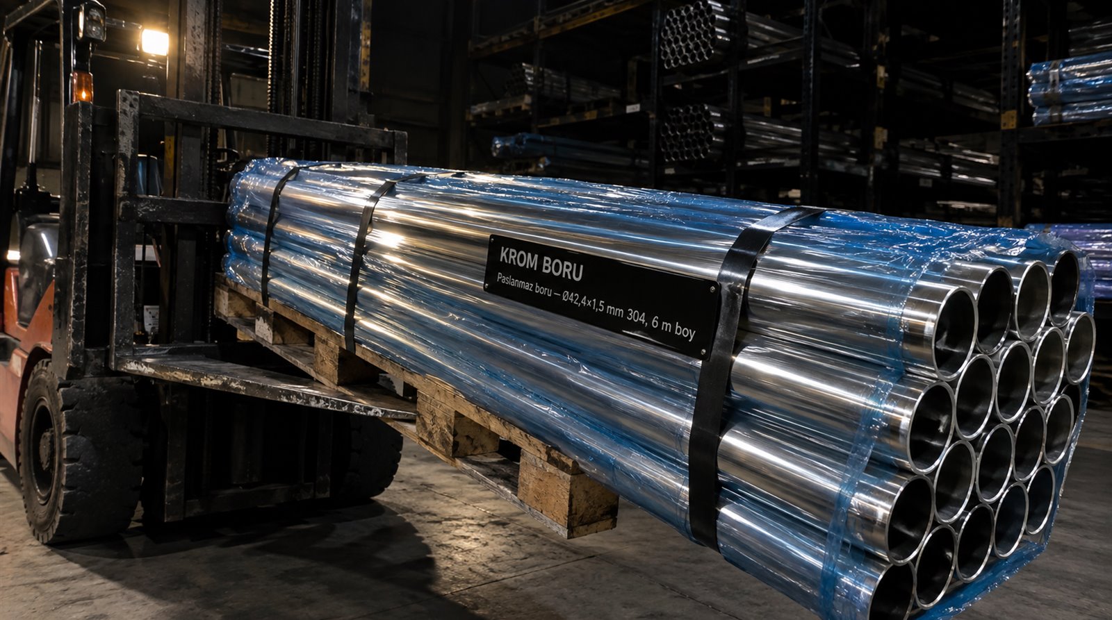 Paslanmaz boru Ø42,4×1,5 mm 304, 6 m boy — satış deposunda